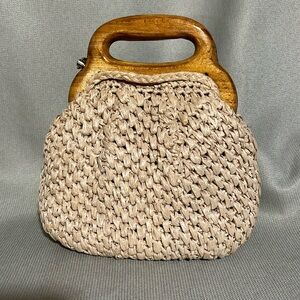 Vintage Raffia Clutch With Wooden Handle